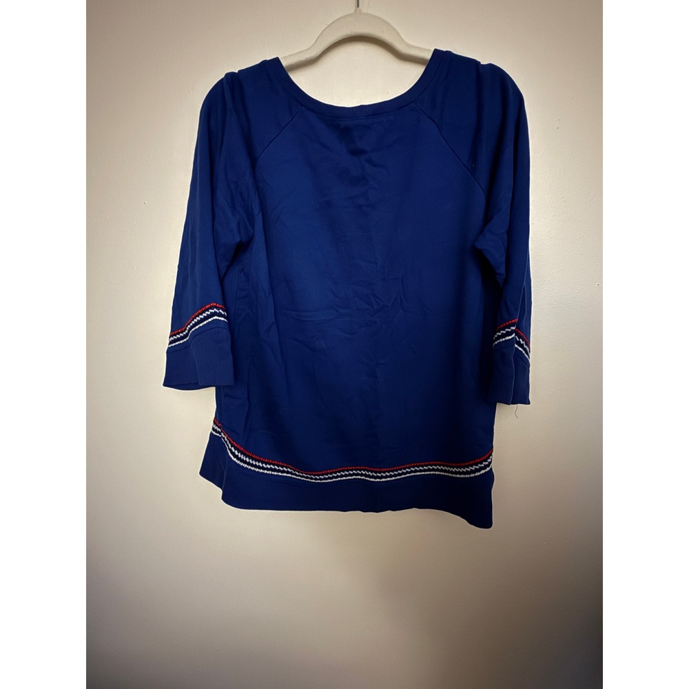 Lucky Brand Lucky Lotus Navy Blue 3/4 Sleeve Braided Trim Scoop Neck Top Large